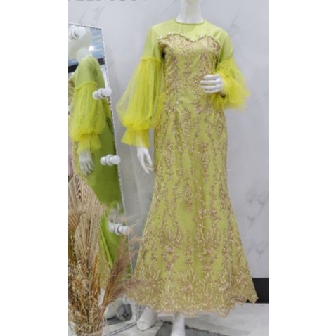 gamis pesta lengan balon mermaid