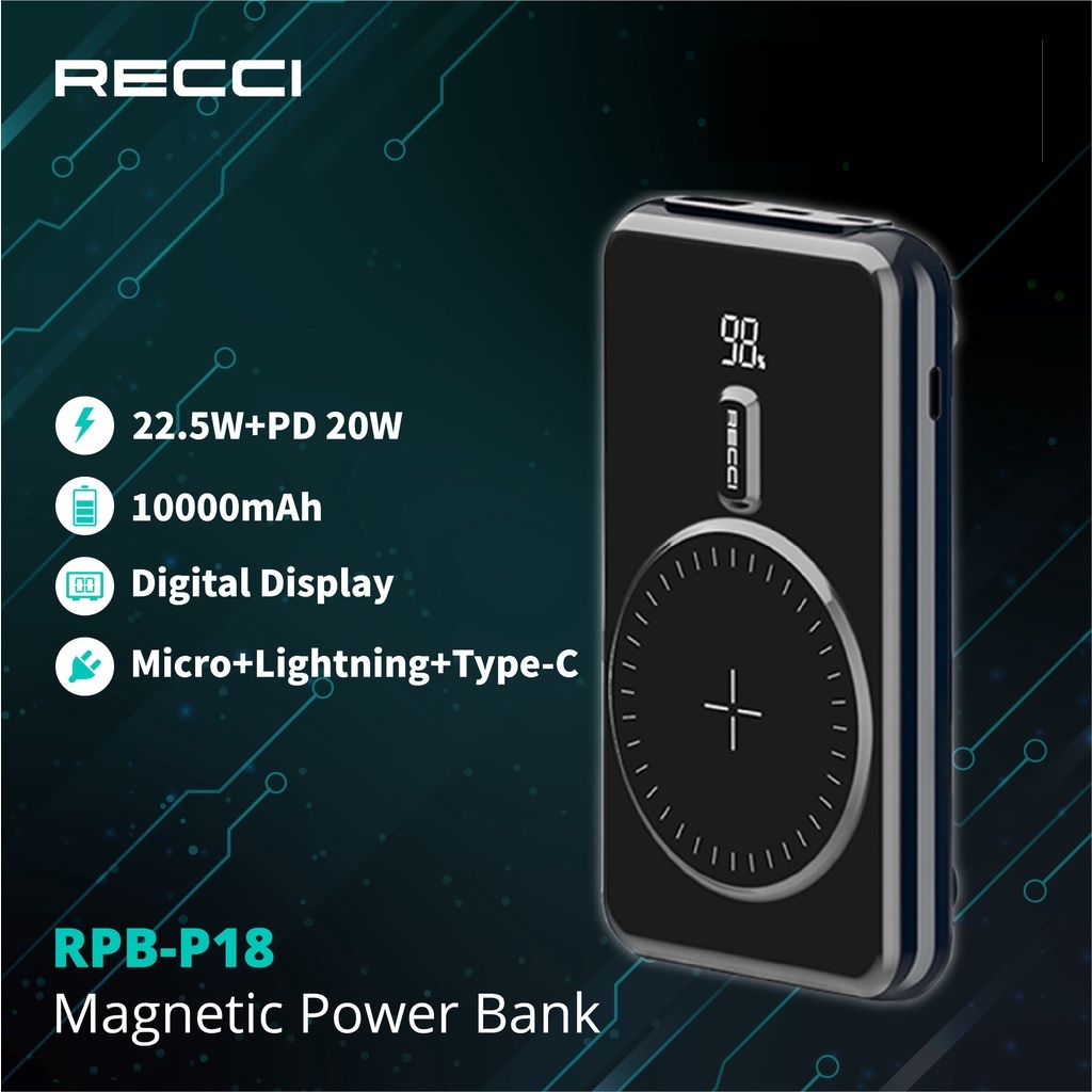 RECCI RPB-P18 10000mAh Powerbank - PD 20W and Wireless Charging 15W - Powerbank Terbaru dari RECCI dengan 15W Wireless Charge