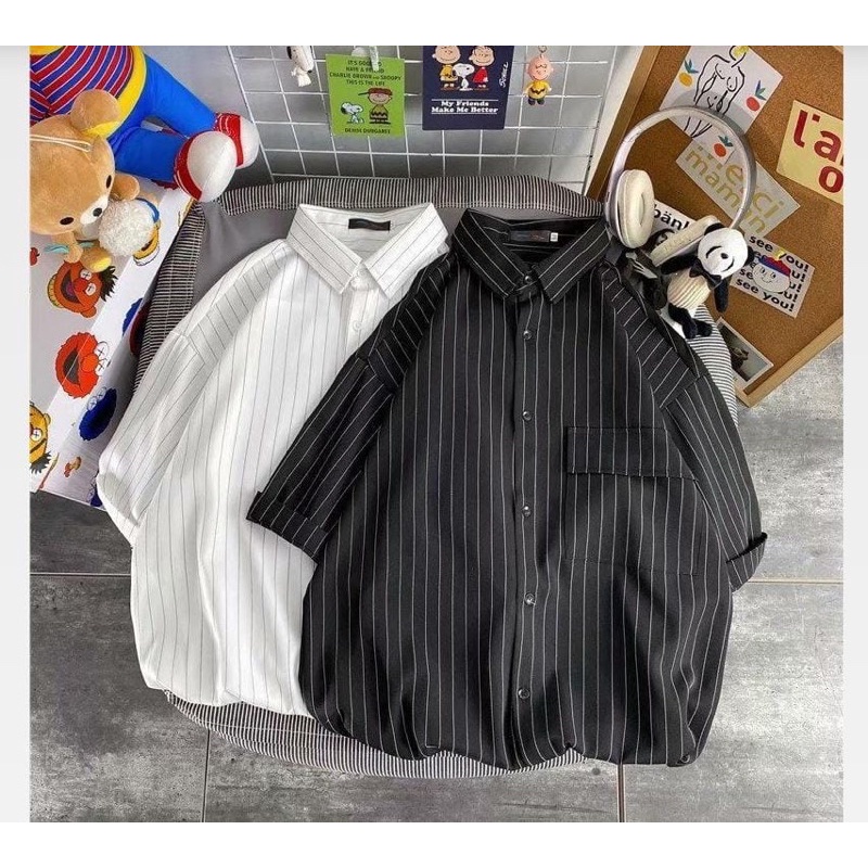 NB KEMEJA OVERSIZE PRIA SALUR HITAM PUTIH KEMEJA OVERSIZE POLOS KEMEJA PRIA ATASAN PRIA BAJU COWOK C