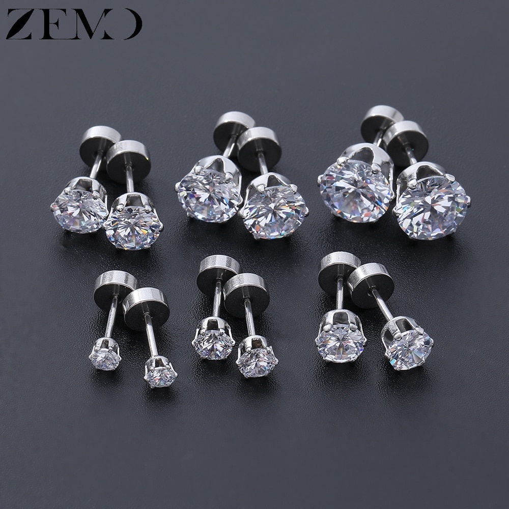 6pasang/lot 3-8mm 316L Stainless Steel Kristal Studs Earrings Set Dengan Zirkonia Besar Berlian Imitasi Tulang Rawan Telinga Studs