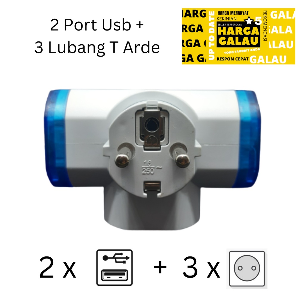 Colokan 2Usb + 3 lubang Arde SNI / T Multi 2 Port Usb Cabang 3 Socket Power