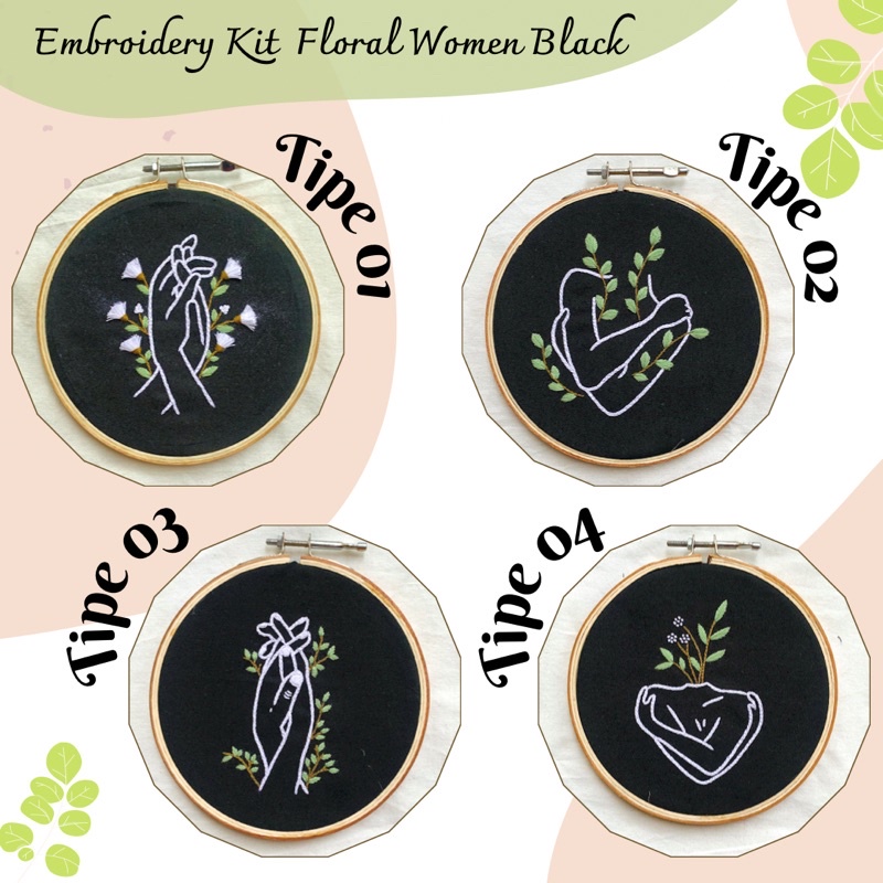 Embroidery Kit Floral Women Black Edition - Paket sulam benang lengkap