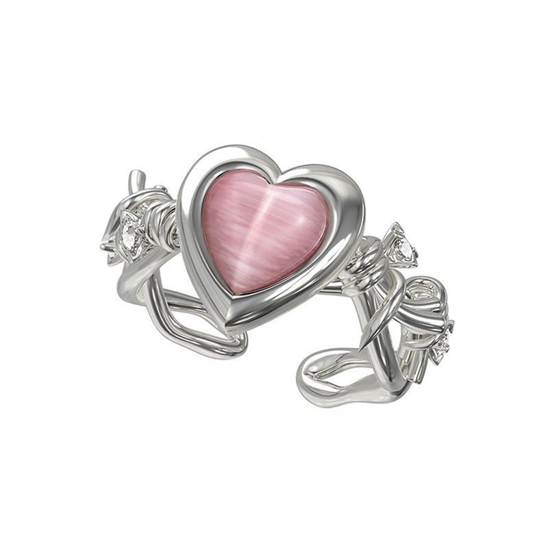 Cincin Fashion Hati Cat Eye Peach Heart Adjustable Women Design Premium Rings Hadiah Perhiasan Pesta Pernikahan