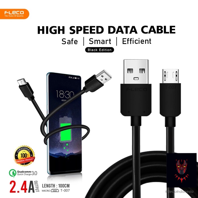 KABEL DATA FLECO MICRO T007 ORIGINAL BLACK 2.4A FAST CHARGING ALL ANDROID SMARTPHONE