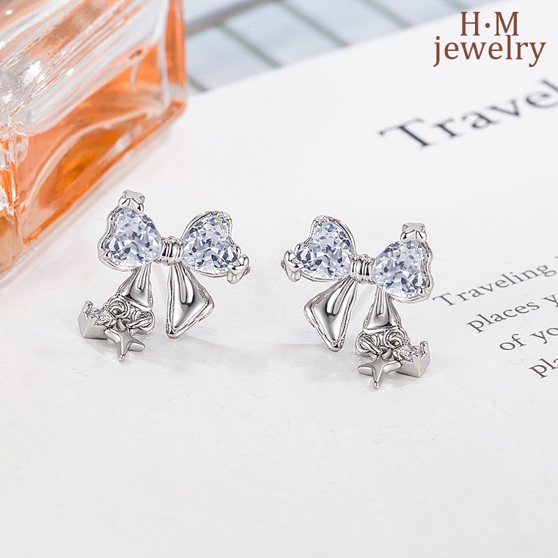 Starry Bright Bow AAA Zircon Stud Earrings Anting Gaya Keren Manis