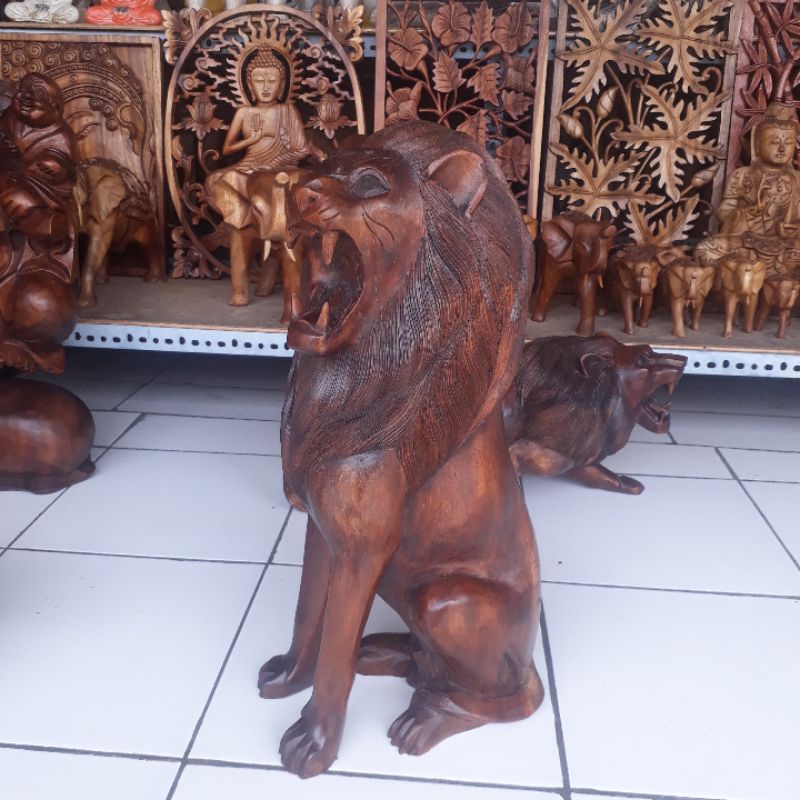 Patung kayu singa tinggi 50cm Pajangan patung kayu Home decoration
