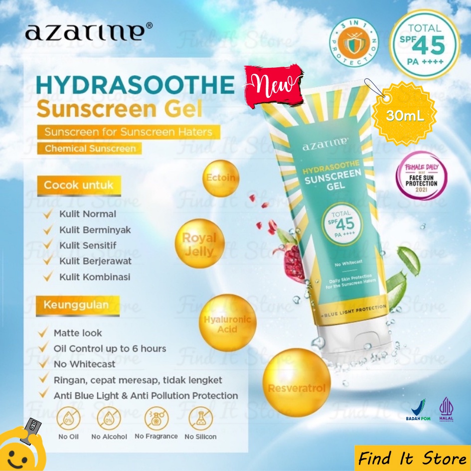 Azarine Sun Protection Series Sunscreen Gel SPF45++++ Sun Shield Serum Mist Tone Up Mineral Sunscreen Hydramax-C Serum SPF50 PA+++  BPOM