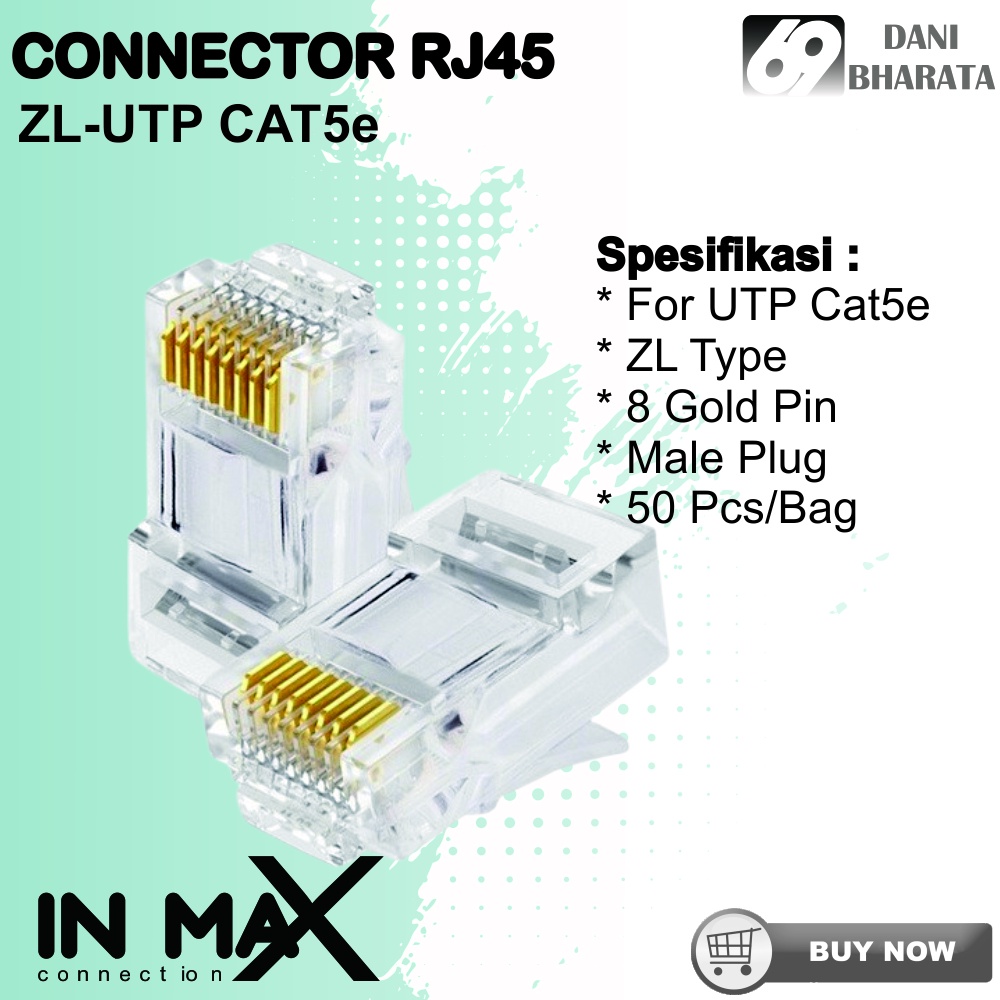 RJ 45 UTP cat 5e Konektor RJ45 indoor UTP cat 5e 8P8C merk In Max isi 50 pcs