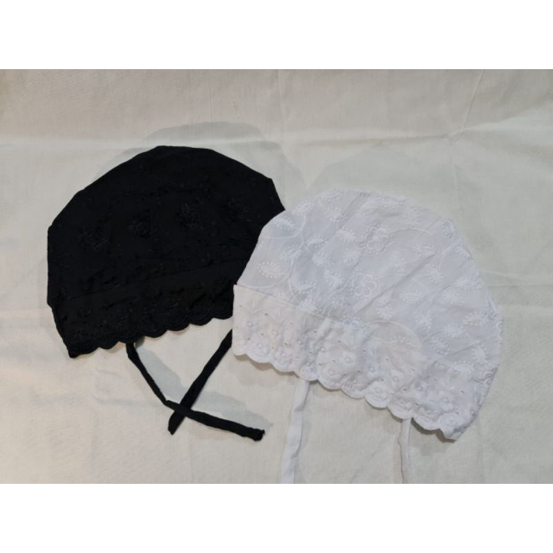 ciput katun bordir hitam putih bertali / dalaman jilbab wanita