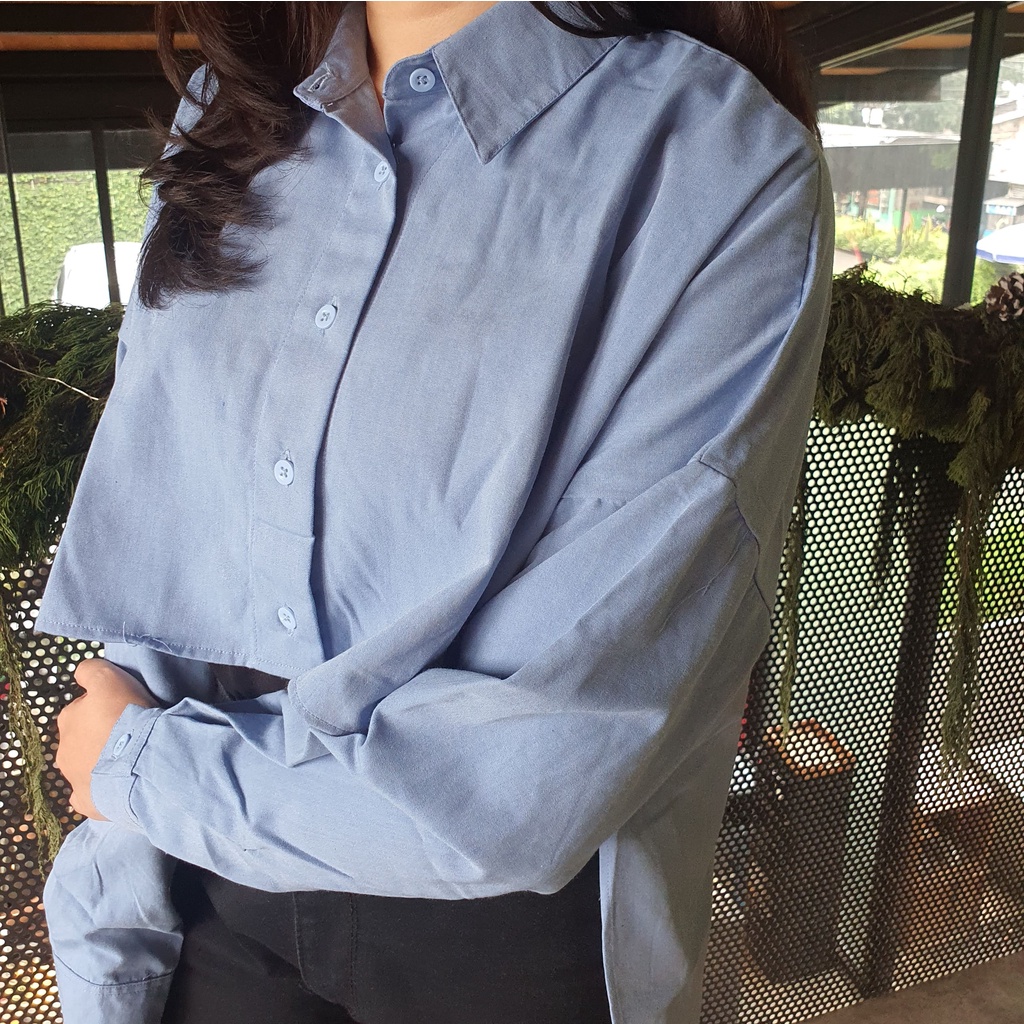 Manche Denim Asymetris crop top kemeja blouse atasan wanita