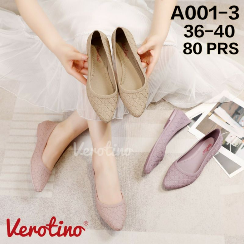 A001-3 Sepatu Jelly Wanita Verotino Kerja Flat Shoes Jely Elegan Nyaman Flatshoes Slop Selop Cewek Perempuan Rumah Karet Lentur Sekolah Kuliah Impor A001 Hitam Import