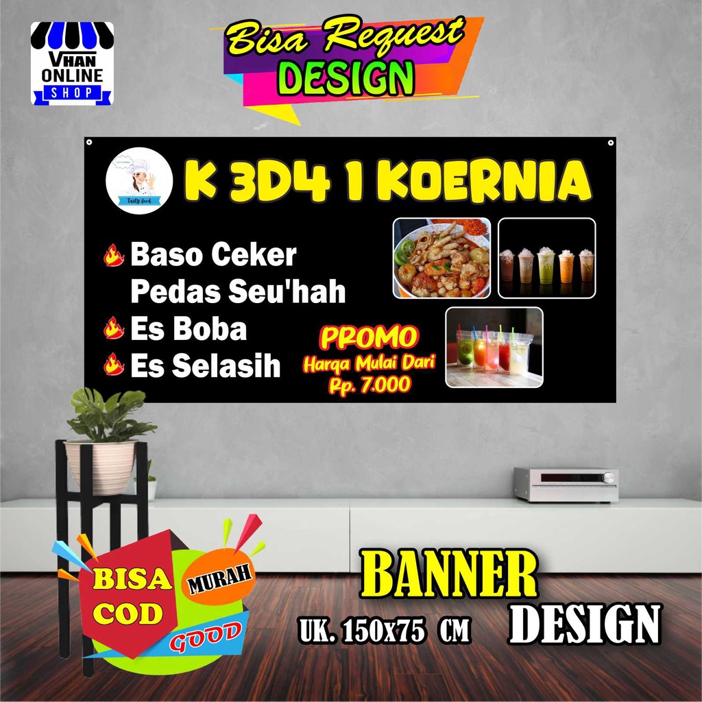 Jual Spanduk Banner Warung, Jualan Bakso Ceker, Minuman Boba, Keren