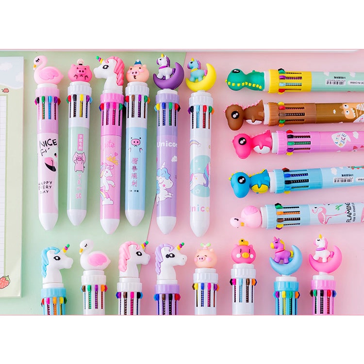 Bulpoin Pena Pulpen Ballpoint Multi Warna Multicolor 10 in 1 / 6 in 1 / 8 in 1 Motif Lucu Dino Unicorn Flamingo Beruang Rusa Natal Chrismast Warna Warni Untuk Anak Siswa Dewasa Alat Tulis Sekolah Kerja Model Tekan Gift Sovenier