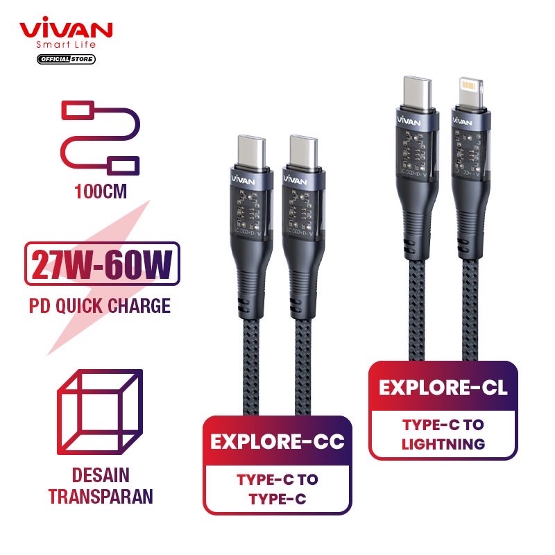 VIVAN EXPLORE CL / EXPLORE CC Kabel Type C to iPhone / Type C to Type C 60W Fast Charging Power Delivery Support iPhone 13 Notebook - Garansi Resmi