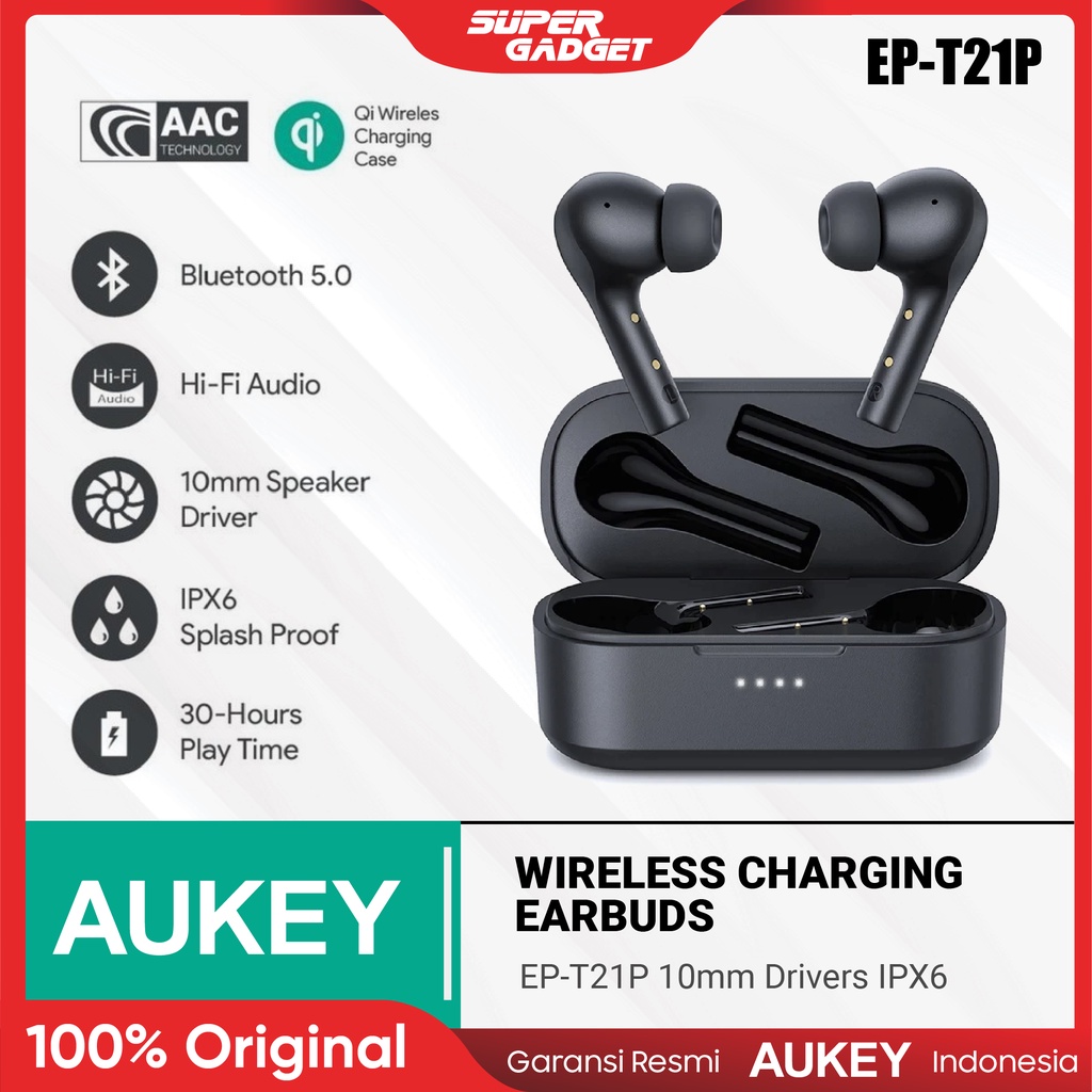 Aukey TWS EP T21P Wireless Charging Earbud 10mm IPX6 Headset Handsfree