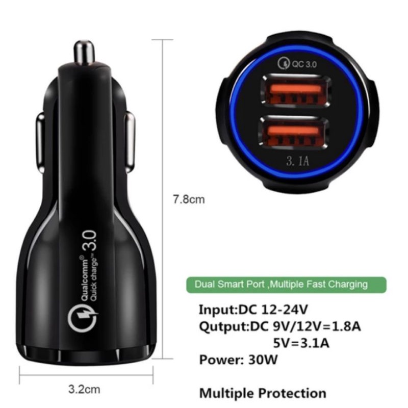 Charger Mobil Adapter Car Carger Dual USB Casan Fast Charging Lubang Colokan Lighter Quick 12 Volt 3.1 2 BK-348 6A 12V