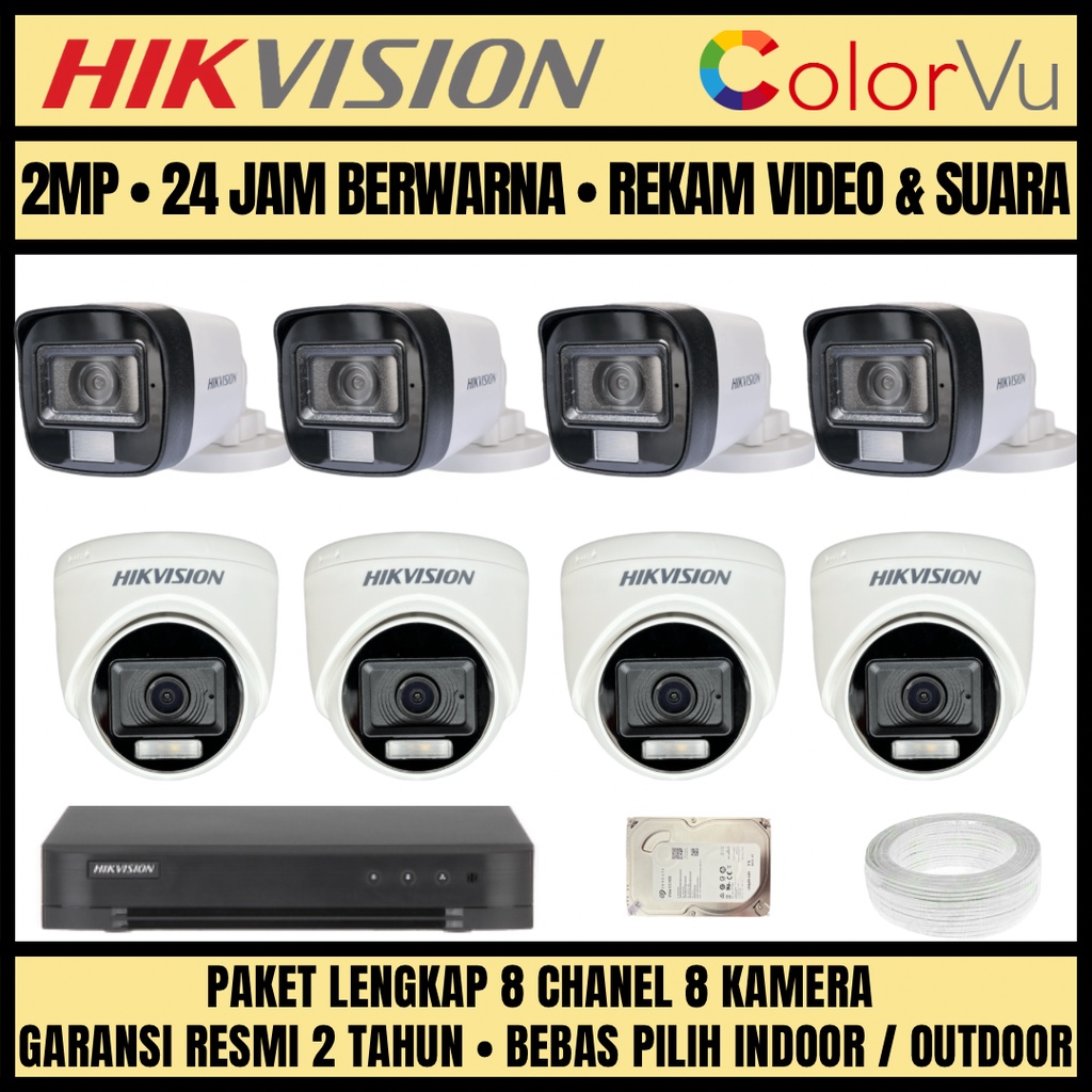 PAKET CCTV HIKVISION COLORVU 2MP 8 CHANNEL 8 CAMERA KAMERA CCTV COLORFUL