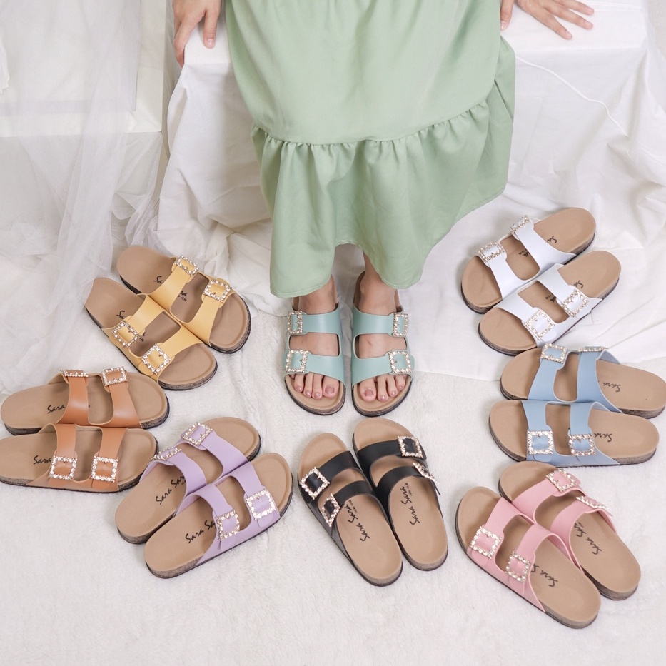 SARASARA YUK - KIMMY Sandal Wanita Slop Casual Size 36 - 41 Model Birken Sol Puyuh Sara Sara Sendal Cewek Kulit Santai Rumahan Strap Gesper dua Kristal Blink Empuk 37 38 39 40 Warna Lilac Ungu Soft Selop Anti Slip Original Shoes ORI Mall Official Store