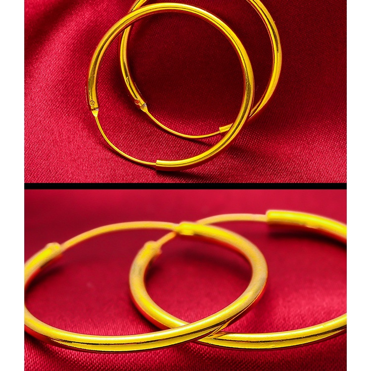 Goldkingdom Perhiasan Fashion Emas Asli Kadar 375 Bangkok Aksesoris Ready Stock Glossy Lebar 30mm Anting Lapis Emas Dengan Cincin Besar Untuk Pelangsing Wajah