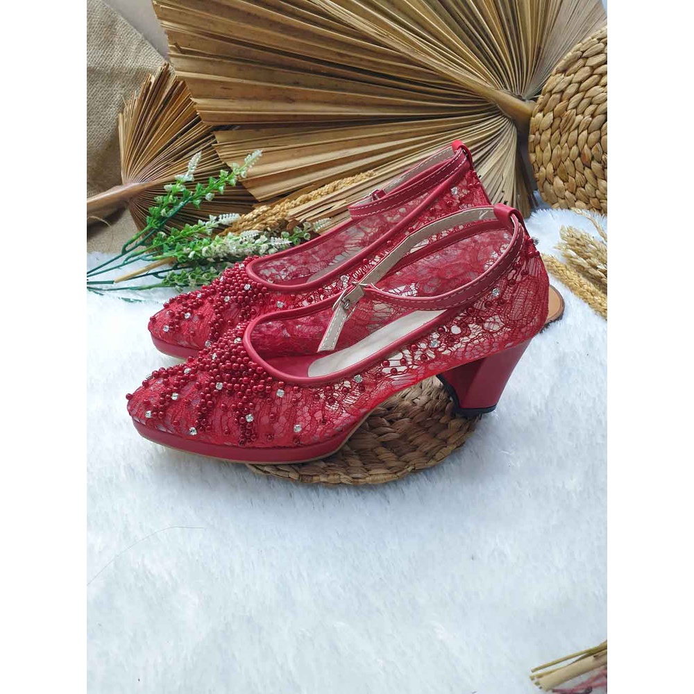 sepatu wanita wedding Marsha merah cabe 7 cm tahu