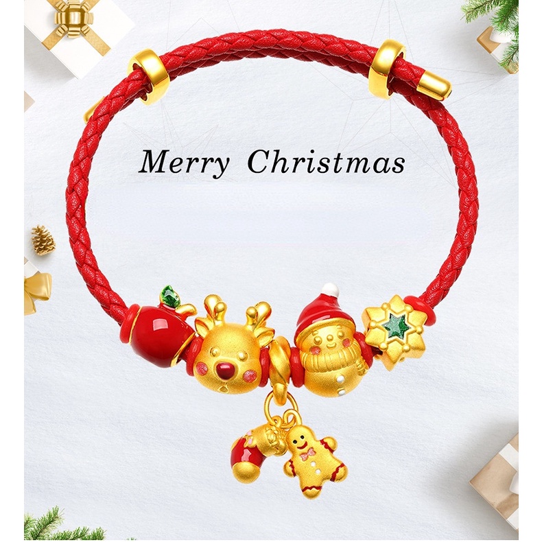 Goldkingdom Perhiasan Fashion Emas Asli Kadar 375Bangkok Aksesoris Ready Stock Berlapis Emas Apel Transshipment Manik-Manik Elk Gelang Wanita Snowman 3D Natal Handjewelry