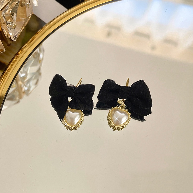 Anting Drop Mutiara Hati Mewah Anting Tusuk Bentuk Busur Warna Hitam Untuk Aksesoris Perhiasan Wanita