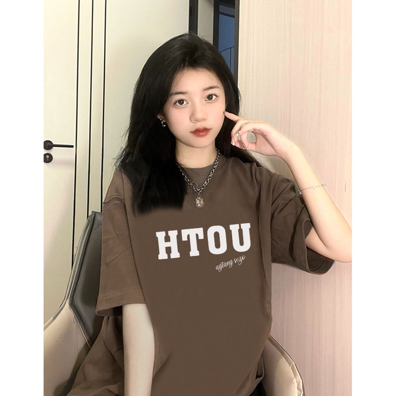 kaos lengan pendek wanita kekinian korean style letter graphic print T-shirt oversize  kaos hitam