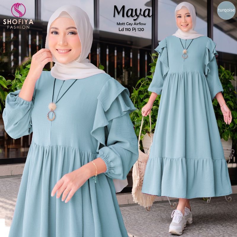 Maya Midi Dress Rufle Kekinian busui Crinkle Airflow