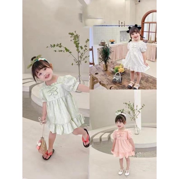 KFCAT Dress Gaun Rok Lengan Pendek Anak Perempuan Katun Polos Pita Cantik Elegan Style 3Bulan-3Tahun