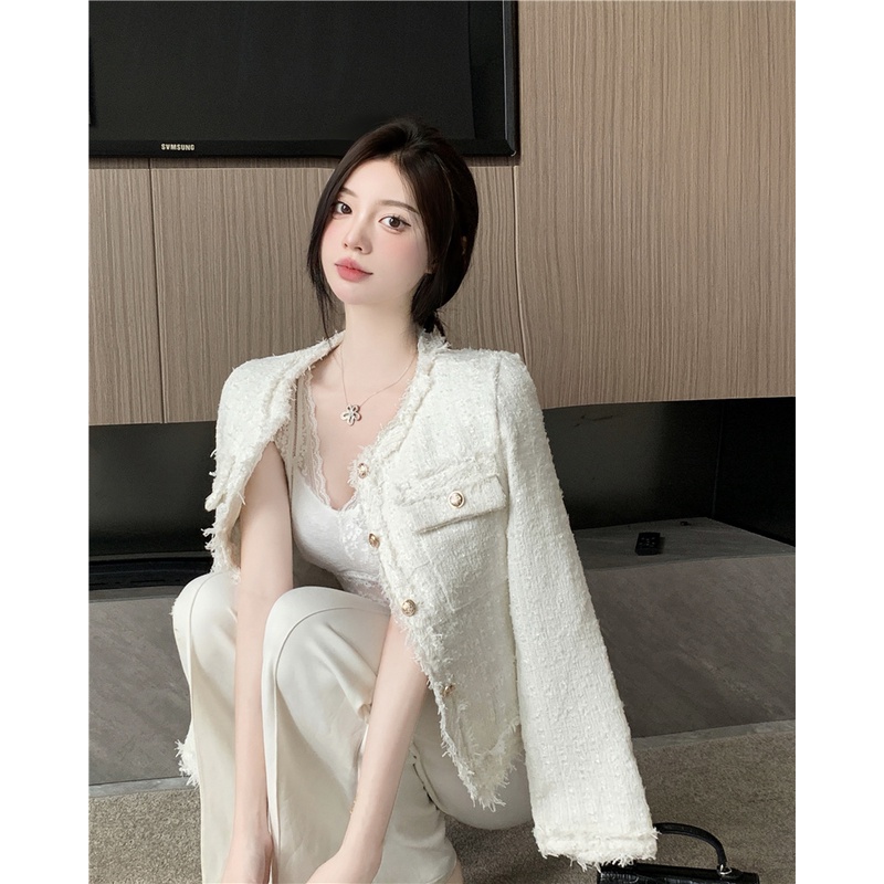 ∈Suhao white tweed short coat women s design sense autumn new style wewangian kecil French lady temperamen chic top