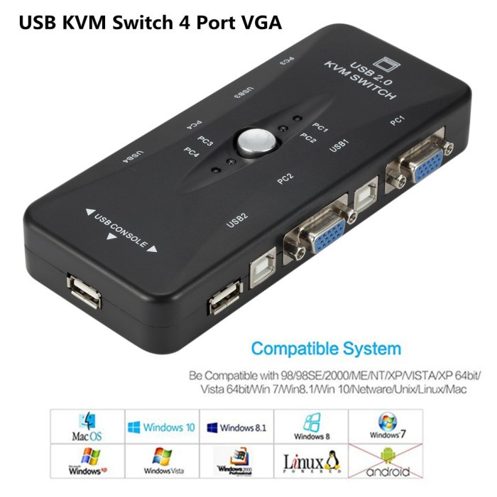 USB 2.0 KVM Switch 4 Port Share Keyboard VGA Mouse PC Switcher Printer