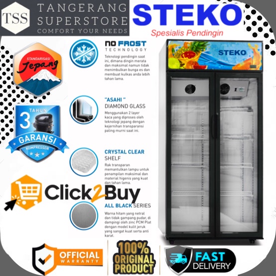 STEKO SHOWCASE 2 PINTU 700L MG750 MG-750 NO FROST TECHNOLOGY SUPER LOW WATT DOUBLE ASAHI DIAMOND GLA