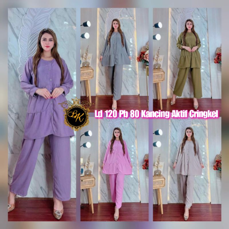 Terbaru One Set Tunik Cringkel Jumbo Ld 120| Setelan Tunik Cringkel Airflow| Setelan Wanita Lengan P