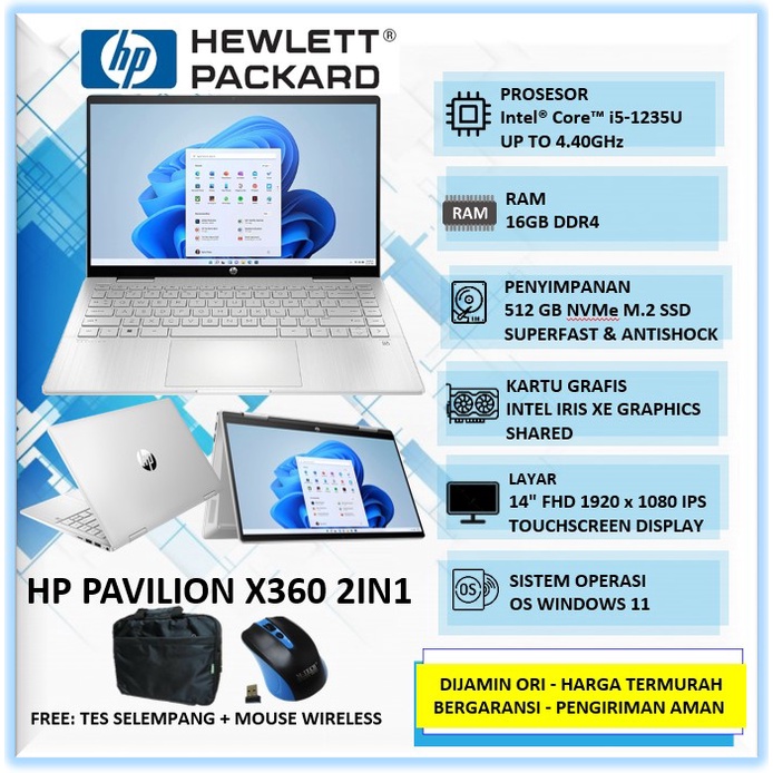 Laptop Touchscreen Baru HP Pavilion X360 14 Intel Core i5 Gen 12 Ram 16GB SSD 512GB 14" FHD IPS TOUC