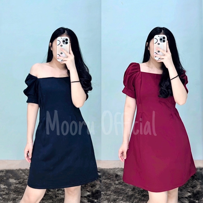 SEOLA DRESS | BAJU TERUSAN SABRINA PUFF SLEEVES WANITA ROK SKIRT SCUBA PREMIUM FREESIZE