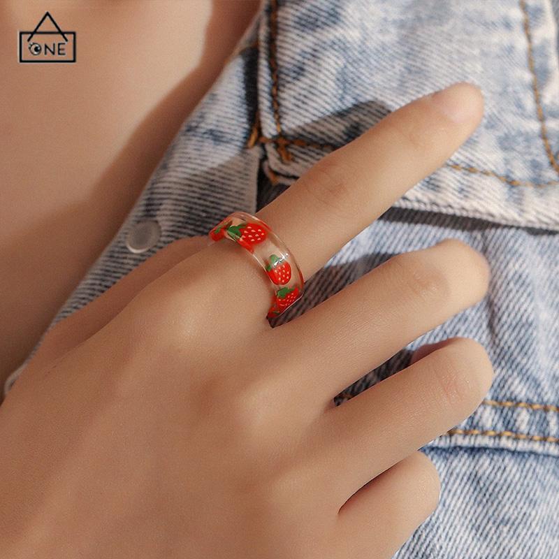 COD❤️Cincin Bahan Resin Akrilik Bentuk Buah Untuk Wanita Fashion Korea-A.one