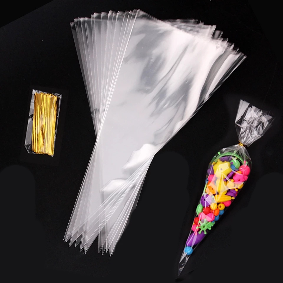 Pernikahan Dekorasi Pesta Ulang Tahun Paskah Sweet Cellophane Transparan Cone Storage Dengan Kantong Organza 50 Pcs/Lot DIY Candy Bag Clear Cellophane Packing Bag