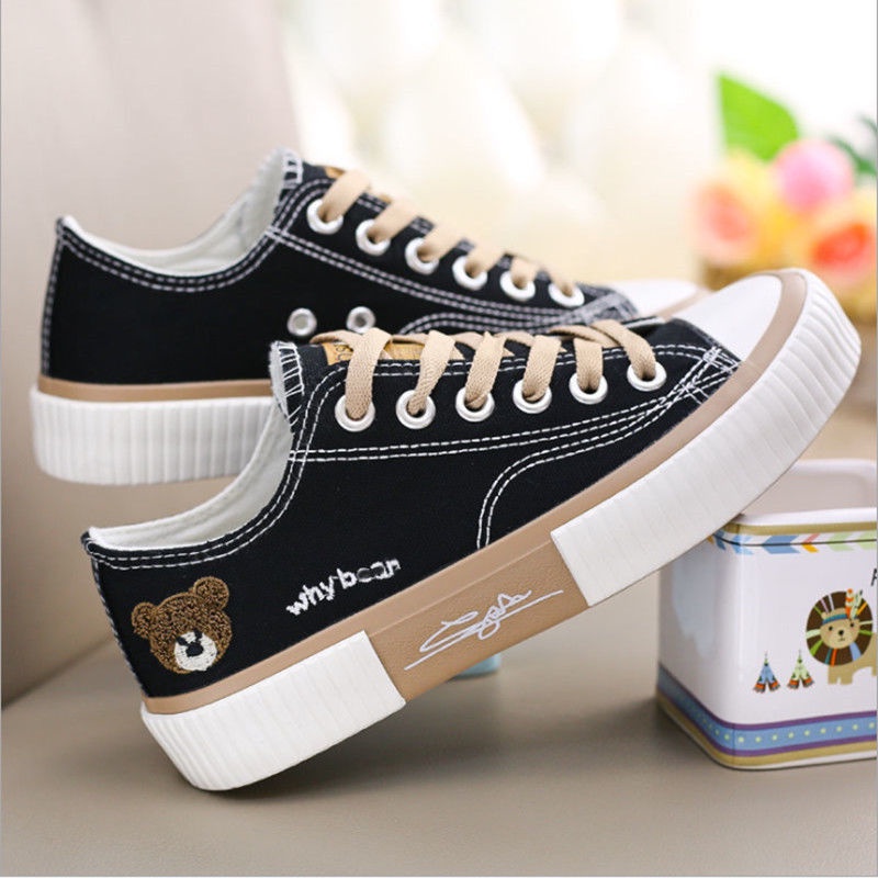 CaniKorea &quot;FREE BOX&quot; Size (37 - 41) Hana Sepatu Wanita Bear Sneakers Kets Bertali Kasual Fashion Kanvas Anti Slip Import Premium Quality 9042