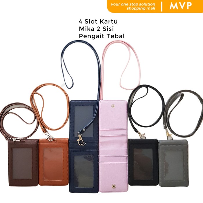 

TERMURAH Lanyard ID Card Holder Name Tag Kulit Dua Sisi Bolak Balik Mika Kancin Code 4396