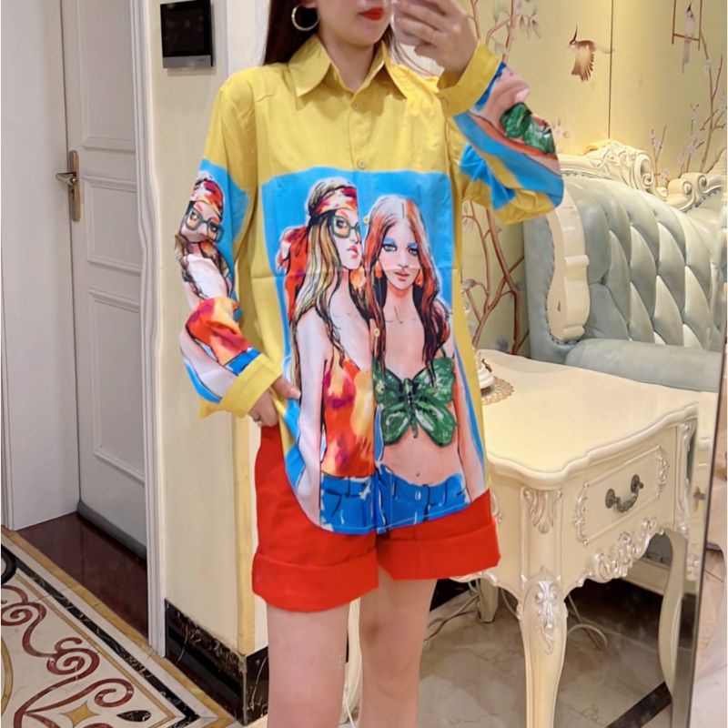 5617 Atasan baju blus blouse kemeja motif gambar lucu unik gaya Korea kekinian lengan panjang tangan