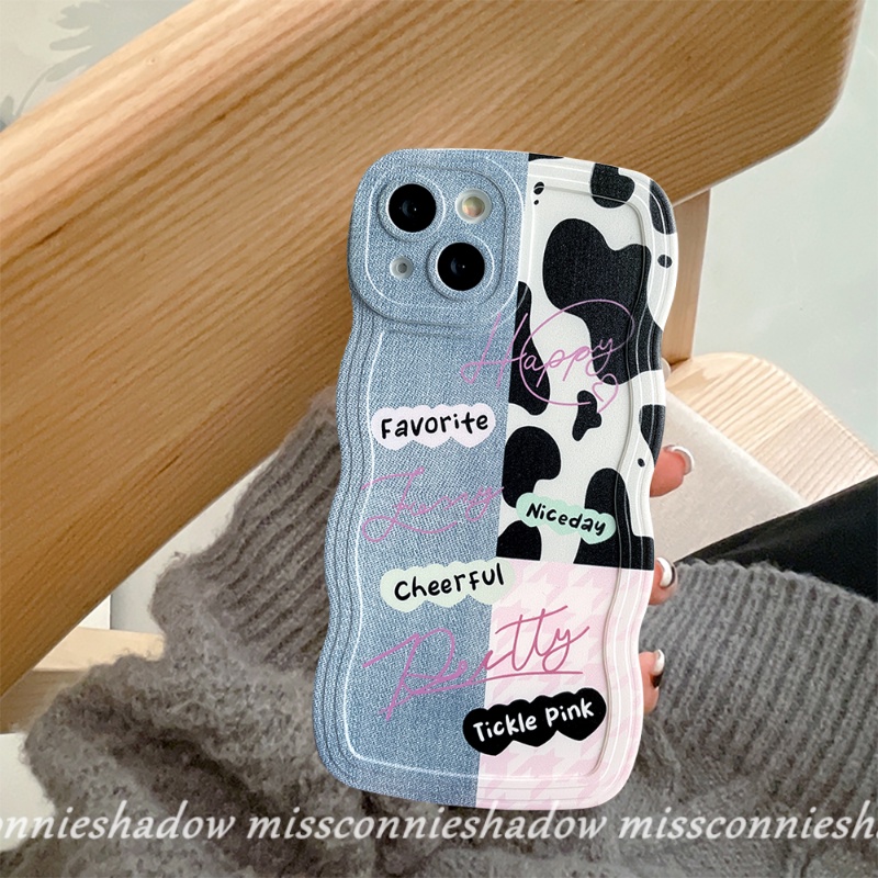 IPHONE Case Kompatibel Untuk Iphone6 6s 87 Plus 11 Pro Max XR X XS Max 14 13 12 Pro Max 14Plus SE 2020 Wavy Edge Cute Denim Patch Happy Leopard Print Bening Lembut TPU Couple Phone Case