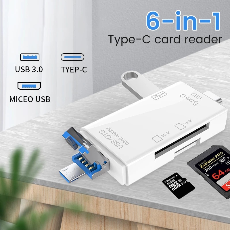 6in1 Multifungsi usb Tipe C/usb/micro usb/tf/SD Smart Memory Card Reader otg Flash Memory Disk Card Reader Adapter