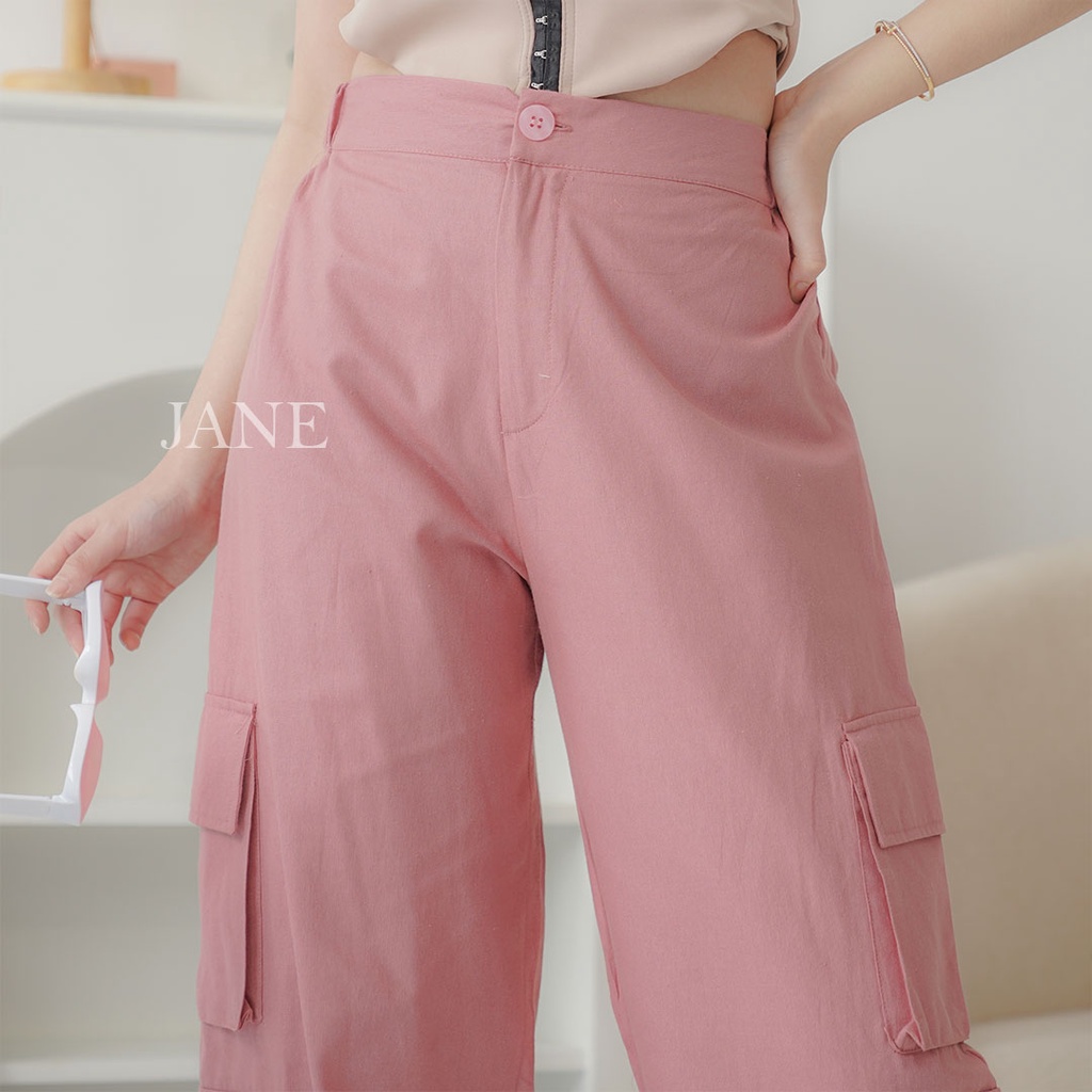 JANE COLLECTION || Celana Panjang Kain Hitam Perempuan Kulot Katun Kantong Pinggang Karet Cewek Coklat Celana Kargo Pocket Liana