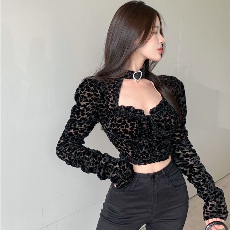 ✇۞Suhao industri berat suka berkelompok double-layer self-budidaya seksi shirring puff lengan tinggi pinggang atas lengan panjang T-shirt wanita musim semi baru