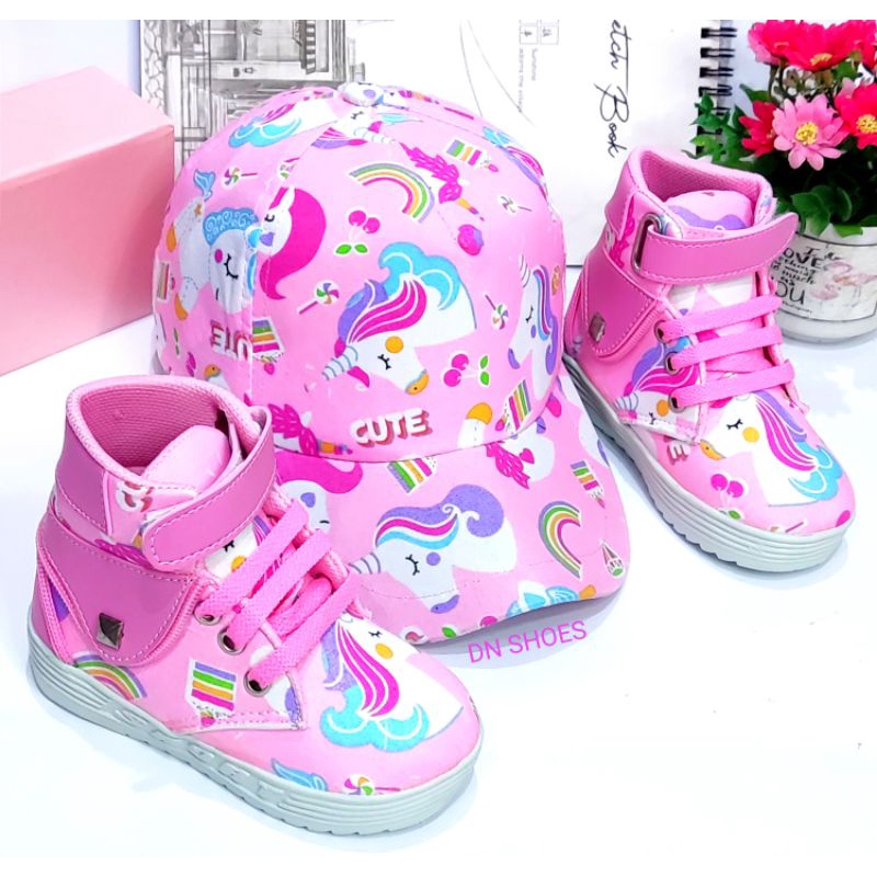 Paket Sepatu Anak Perempuan Paket Sepatu Boots Topi Anak Paket Boot Anak Perempuan Topi Pet Anak Perempuan Murah Lucu Karakter Unicorn Pink Cute