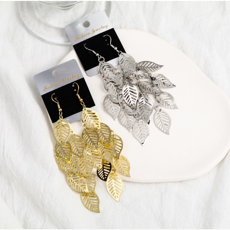 Mode Berlebihan Emas Perak Multi-layer Berongga Daun Drop Anting Perhiasan Telinga Daun Panjang