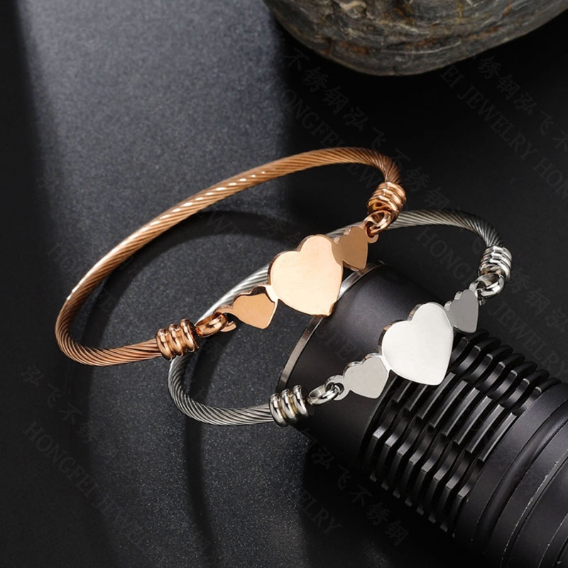 Trendy Gelang Cuff Tiga Hati Stainless Steel Warna Emas Perak Lady Girl Elegan