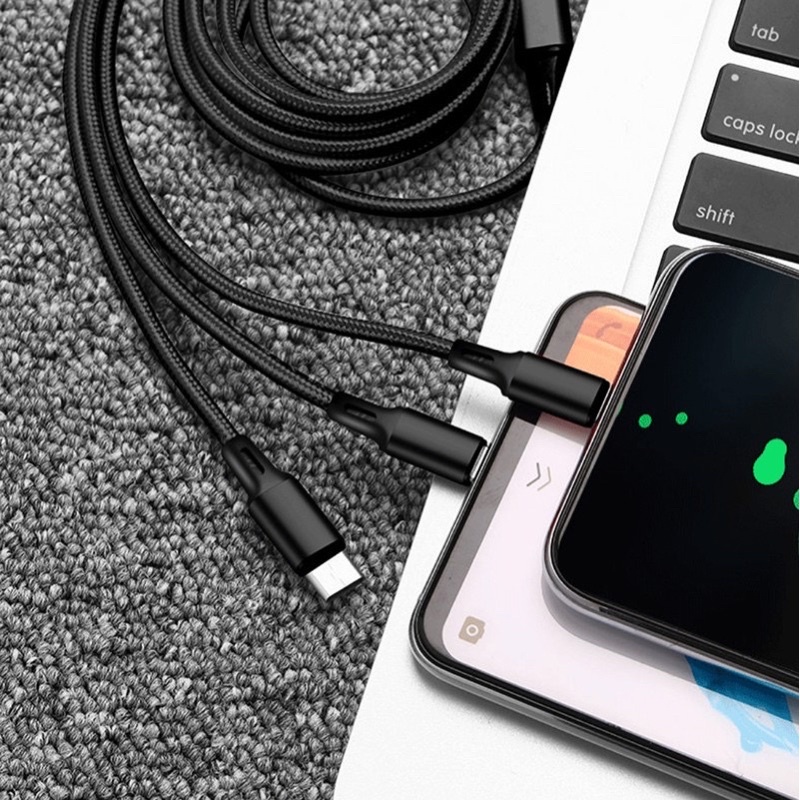 PENGISIAN STABIL DAN AMAN / Kabel Charger 3 in 1 Micro USB Type C Lighning 2A Fast Charging 1.2M Nylon Braided Cable