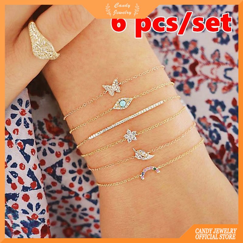 6 Pcs/set Exquisite Gelang Tumpuk Bracelets Bunga Mata Kupu-kupu Iblis Pergi Mode Perhiasan Bracelet Jewelry