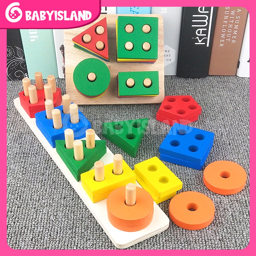 Montessori 3D Puzzle Stacking Warna Wooden Toy Matching Shape Mainan Mainan Anak 2 Tahun Puzzle Kayu